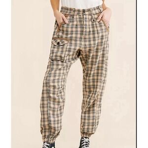 FREE PEOPLE Pants S Back Street Plaid Low Slung Slouchy Harem Tweed Cotton Beige